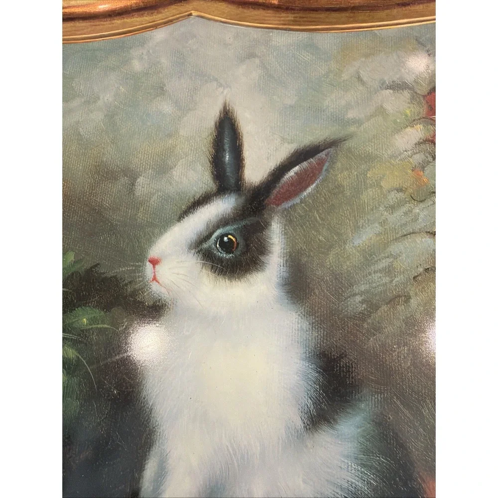 Vintage Tole Tray With Rabbits Garden Science Black With Gold Trim Large 22x18in